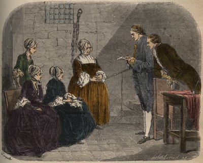 Madam Calas, with her two daughters, listens to the verdict of the trial of her husband, Jean, illustration from Causes célèbres de tous les peuples by French School